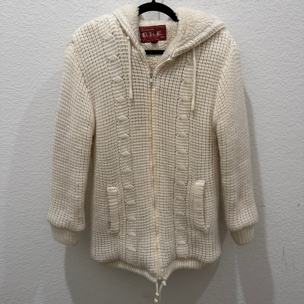 Vintage Styles for D.H.E. Cream Waffle Cable Knit Shearling Lined Zip Hoodie S